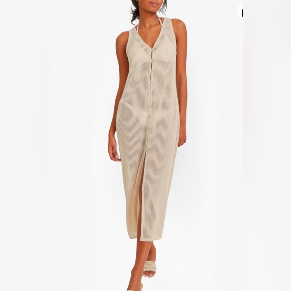 Miken Button-Front Midi Cover-Up Dress – Sand Dollar Khaki Crochet Elegance